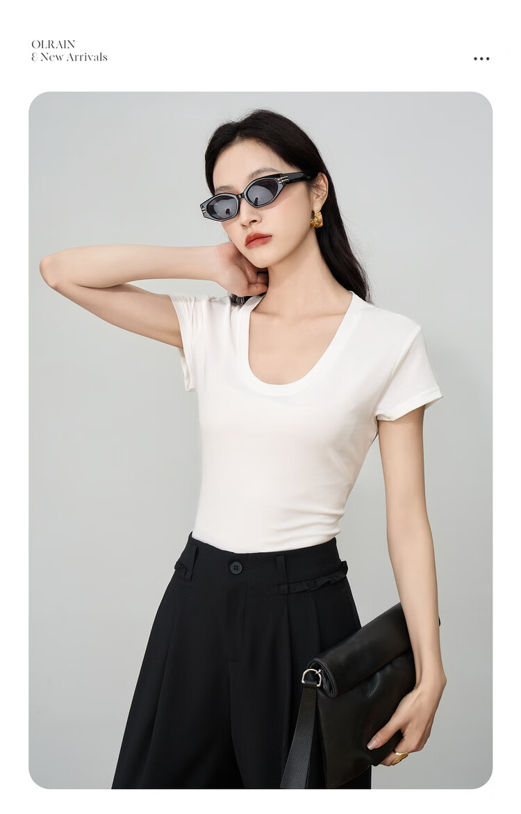 Olrain White U-Neck Slim Fit Short Sleeve T-Shirt for Women Summer Petite Top White L 3