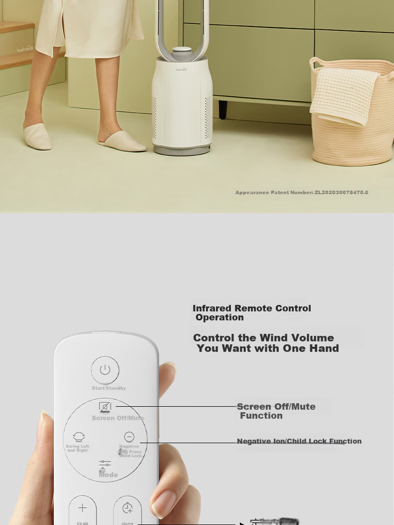 KEHEAL Tower Bladeless Fan Smart Timer Quiet Bedroom Floor Fan Circulating Strong Wind Negative Ion Air Purifier Remote Control Baby Friendly A5 15