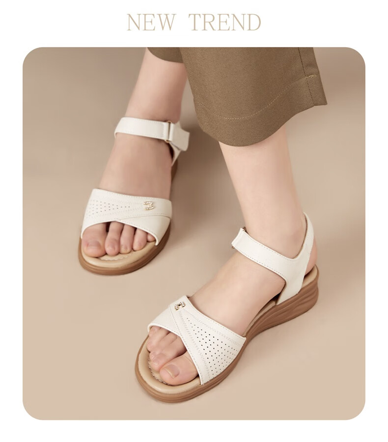 Eierkang Women's Summer Hollow Wedge Mary Jane Sandals Single Strap Middle-aged and Elderly Mom Shoes 49795W Off-white 38 5