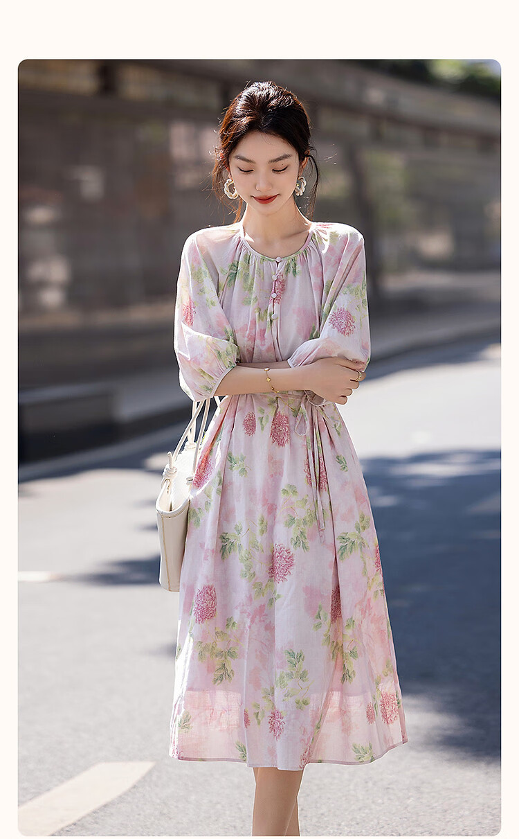 Dme [100% Cotton Bamboo Print] Summer French Romantic Floral Print Five-Quarter Sleeve A-Line Waist-Cinching Mid-Length Women's Dress 1