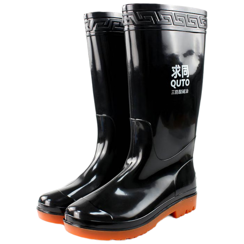 Qutong High Tube Waterproof Rain Boots Outdoor Wear-Resistant Rubber Shoes Cowhide Sole Non-Slip Oil-Resistant Acid-Base Resistant Rain Boots for Beachcombing Size 41 Black