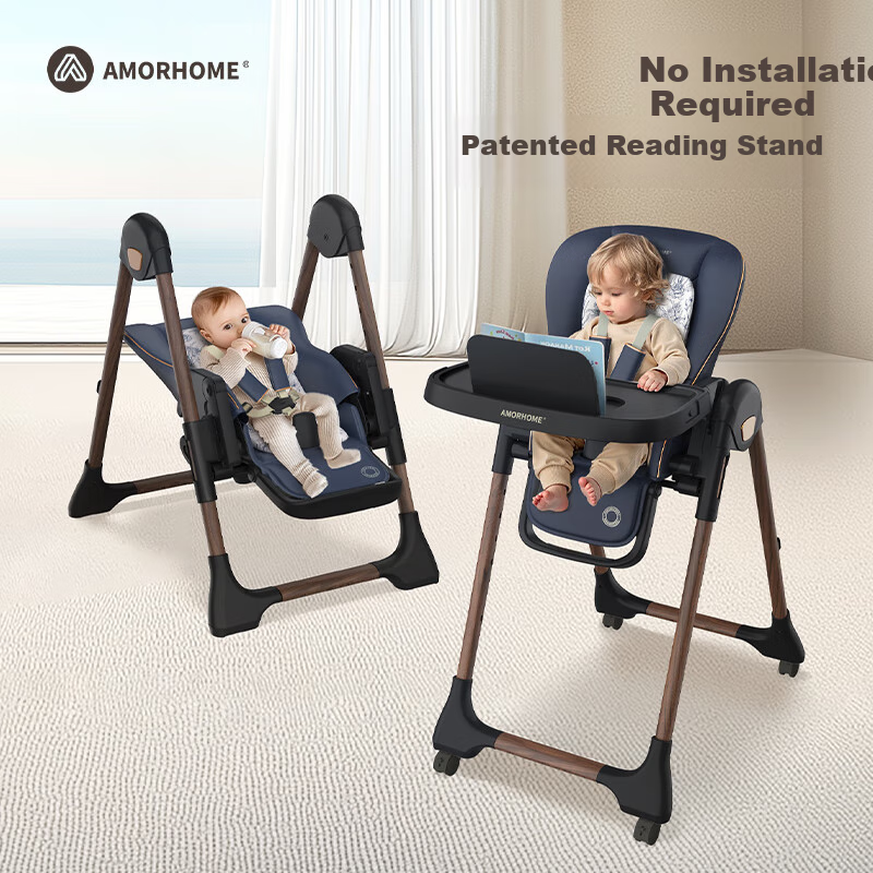 AMORHOME Baby High Chair, Multifunctional Foldable Portable Seat And Recliner Dining Table Chair, Adjustable, Midnight Blue