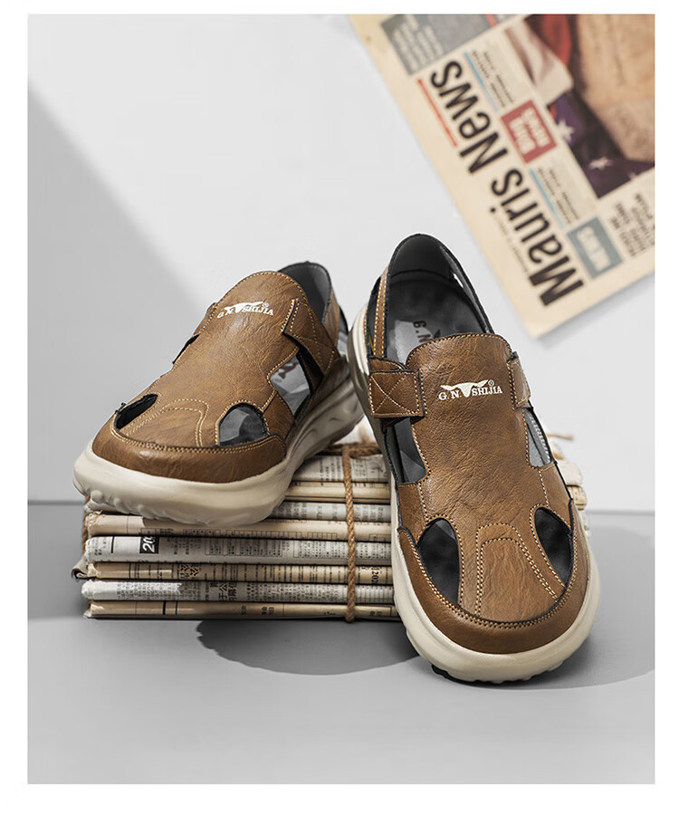 Bull Family Men's Summer New Hollow Breathable Soft Leather Soft Sole Casual Sandals 9