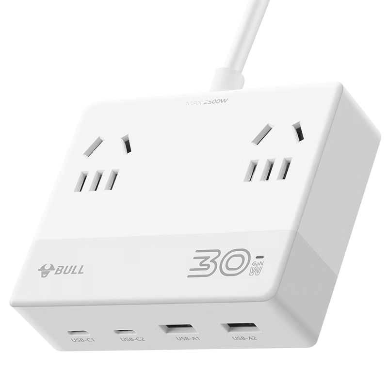 BULL 30W Fast Charging Mini Power Strip USB Extension Board 2A2C 3-Control 1.5m White Desktop Charging Station