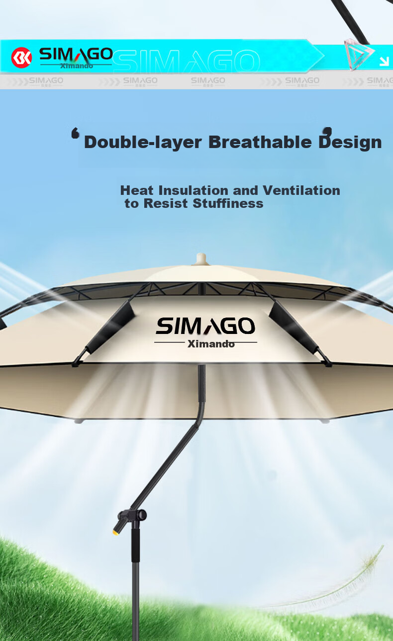 SIMAGO Fishing Umbrella with 12 Ribs, Anti-Twist Cane, Double-Layer Fishing Canopy, Rain Protection, UV Sunshade, 2.0 Meters 12