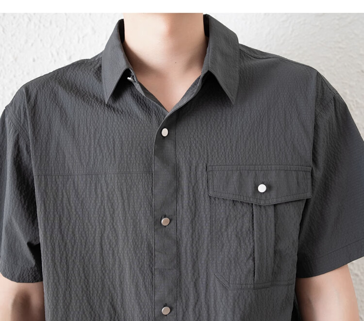 TonLion 2025 Summer Men's Lapel Front Chest Single Pocket Split Short-Sleeve Shirt 7