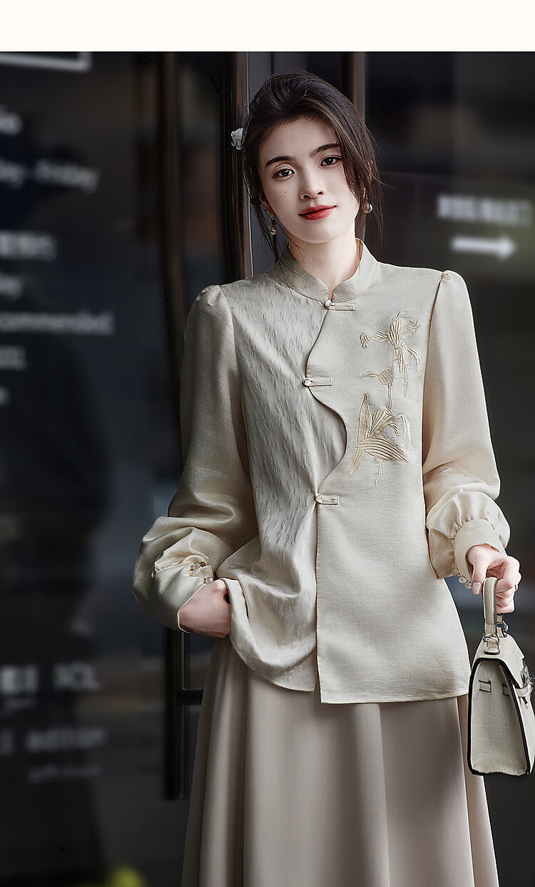 Dme [Gentle Oriental Beauty] Autumn Chinese-Style New Shirt with Stand Collar, Slanted Placket, Frog Buttons And Embroidery, Women's Blouse Top 11