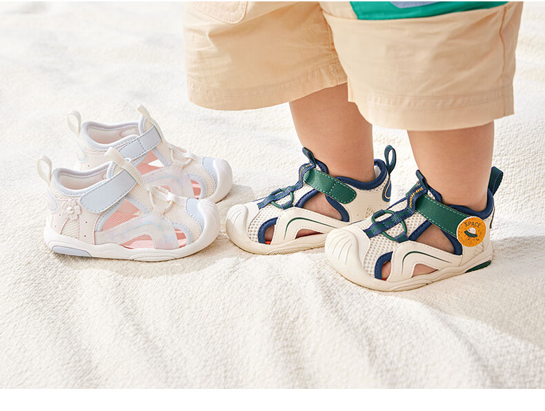 DR·KONG Toddler Shoes, Barefoot Pre-Walking Shoes, Summer Breathable Sandals for Boys And Girls, Baby Children's Sandals, 2B13A2029AM, Beige/green, Size 19 12