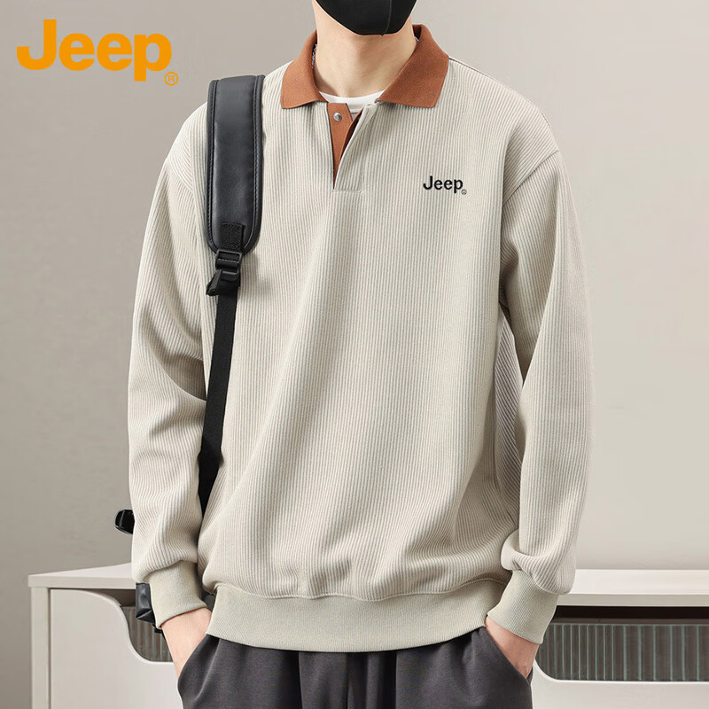 JEEP Men's Sweatshirt, Spring And Autumn Heavyweight Polo Collar Long Sleeve Casual Top, Apricot Color, Size L