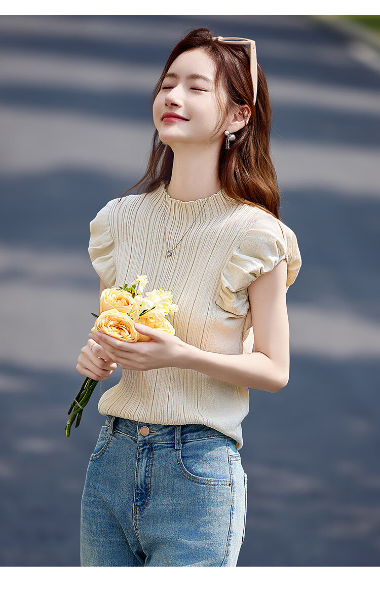 Shangjing Women's Summer Knitwear New French Elegant Puff Sleeve Slim Fit Short Sleeve T-Shirt Top 10