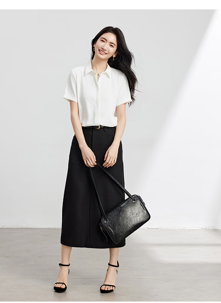Bodexiaojie Blue Chiffon Short-Sleeve Blouse for Petite Women, Professional Work Top, Interview Formal Wear Shirt, Size L 14