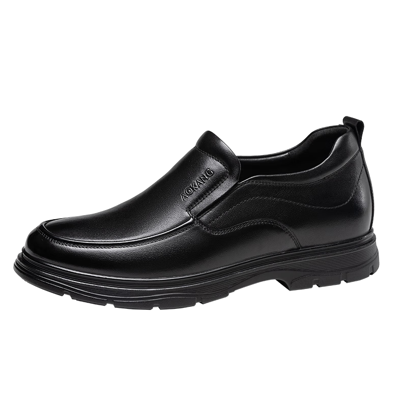 Aokang Aokang Men's Spring And Autumn Business Casual Leather Shoes, Cowhide Soft Upper Slip-On, Height-Increasing, Comfortable for Commuting, Dad Style, Black, Size 42