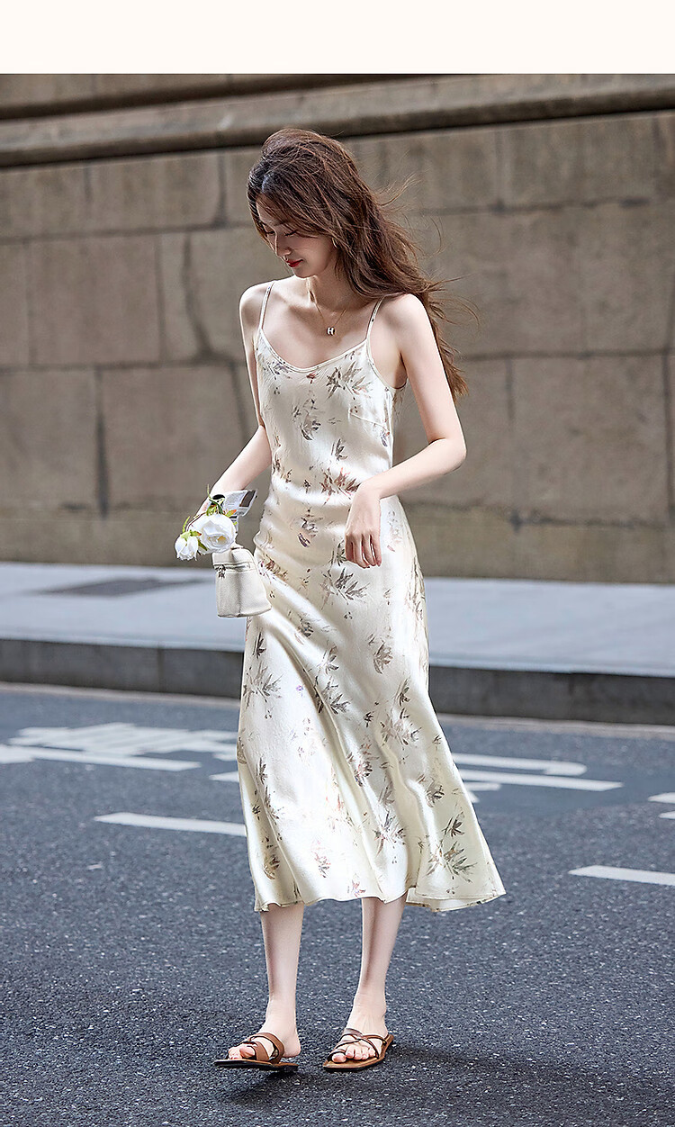 Demana [Pearl Luster] Spring French Style 100% Eastman Acetate Foil Print Camisole Dress for Women 18