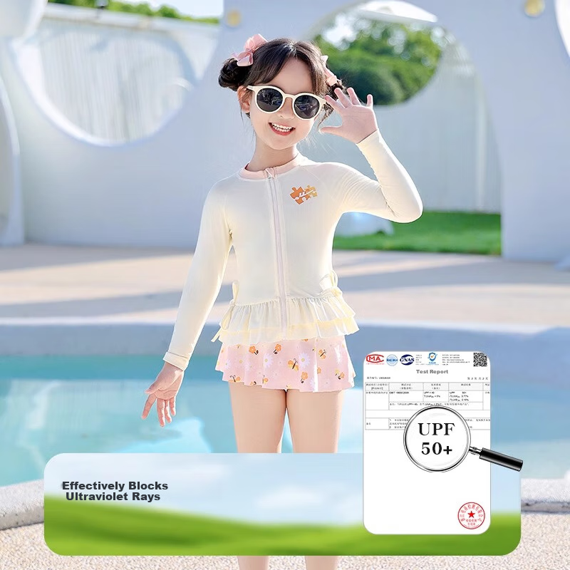 Huili Children's Swimsuit, Girls' Two-Piece Set, for Small to Large Kids, Baby Hot Spring Play Swimming Three-Piece Set, 35150 Off-White 2XL