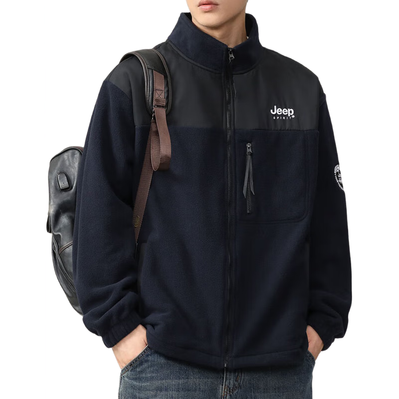 JEEP SPIRIT Men's Jacket, Autumn And Winter Sweatshirt, Men's Fleece Casual Cardigan, Fleece Clothing, Navy Blue, Size L