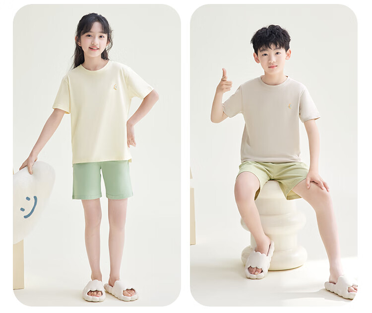 Hodohome Children's Pajamas, Boys' Summer Pure Cotton Pullover Loungewear, Boys' Short-Sleeve Shorts Air Conditioning Suit Set, 301 Brown, Size 140 1