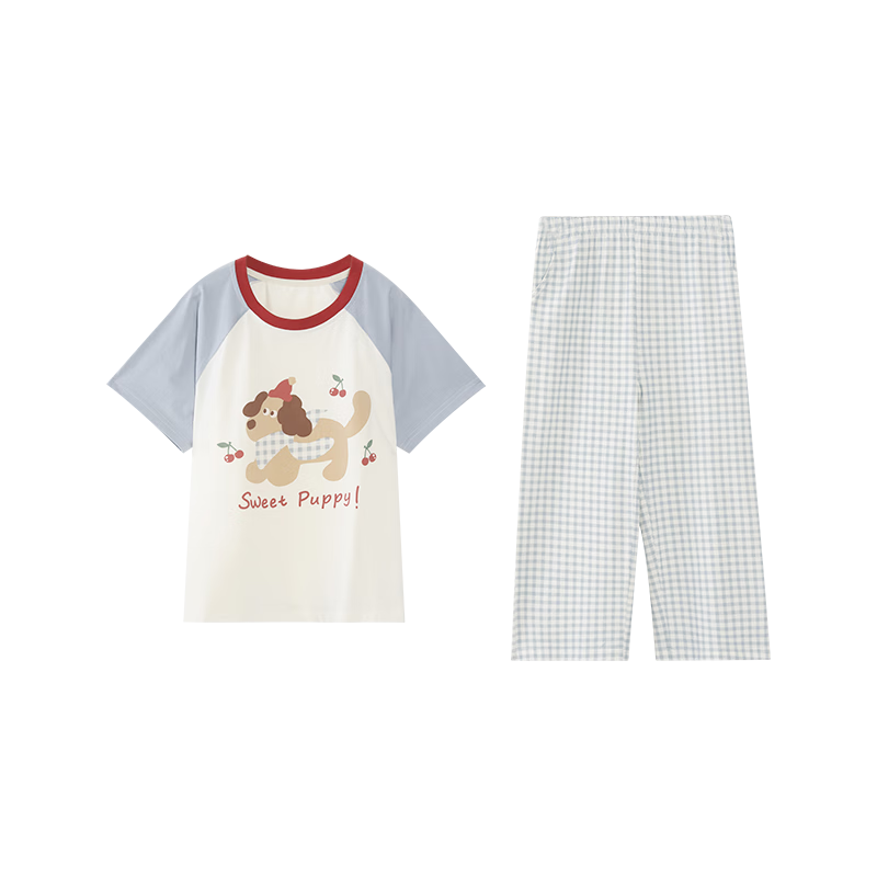 Yunxiangyi Children's Pajamas, Spring And Summer Breathable Modal Cherry Blue Plaid Dog Girl's Sleepwear, Wearable Outside, Loungewear, Size 16