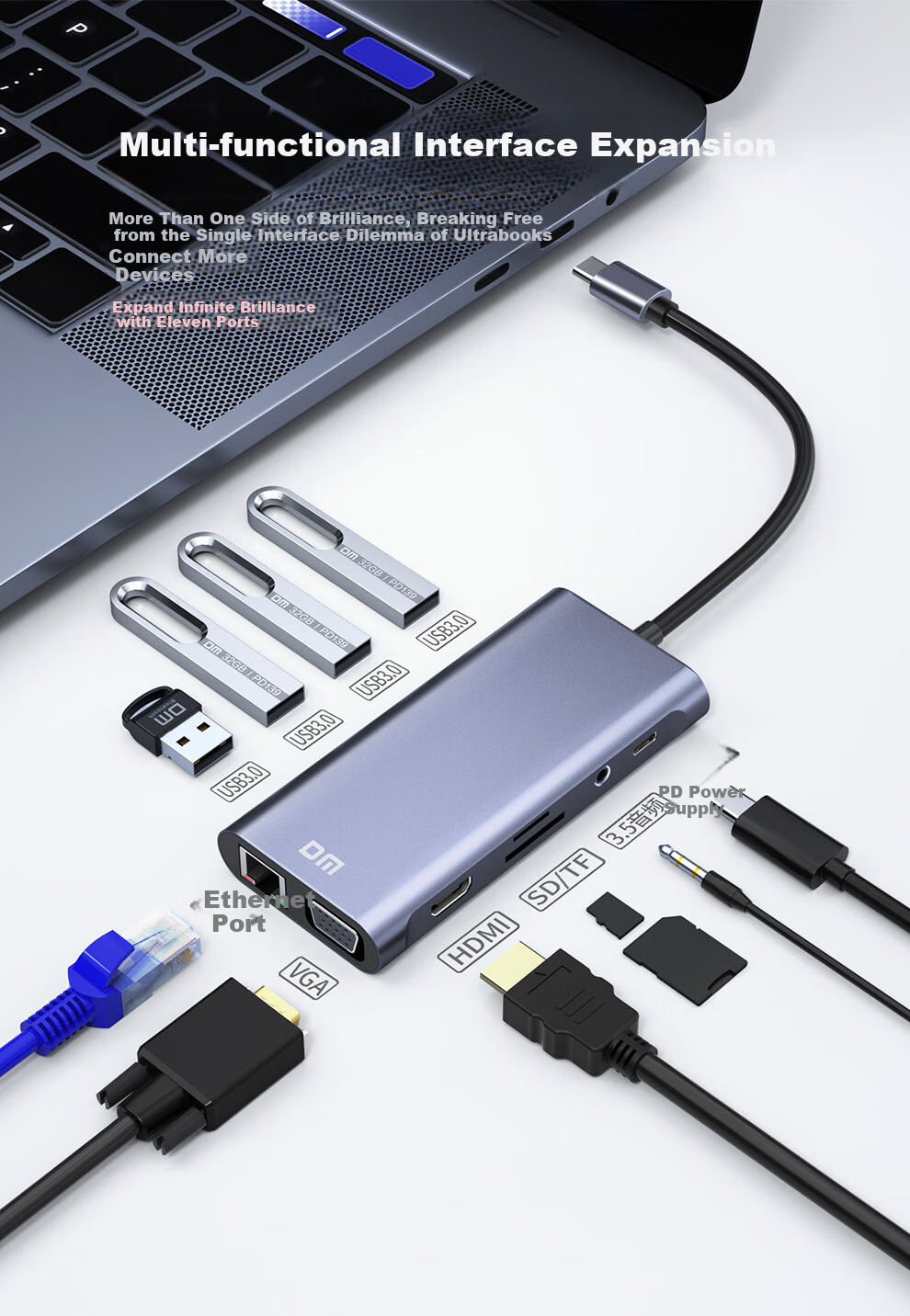 DM Daimai Type-C Eleven-In Expansion Dock, USB-C to HDM I/VGA/Network Port, Laptop 4K Adapter, Multifunctional Splitter with 3.5mm Audio, CHB065 2