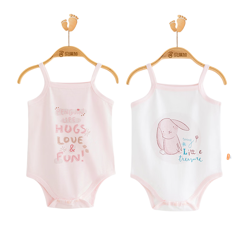 Babyprints Baby Romper 2-Pack, Infant Pure Cotton Sleeveless Bodysuit, Summer Thin Triangle Onesie Underwear, Pink Rabbit, Size 90