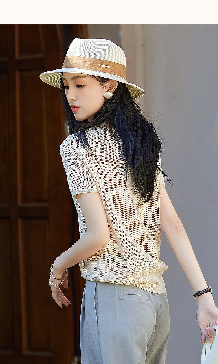 Dme [Cool And Elegant Outfit] Summer French V-Neck Lace Trim Sweater Jacquard Comfortable Knit Top for Wome 13