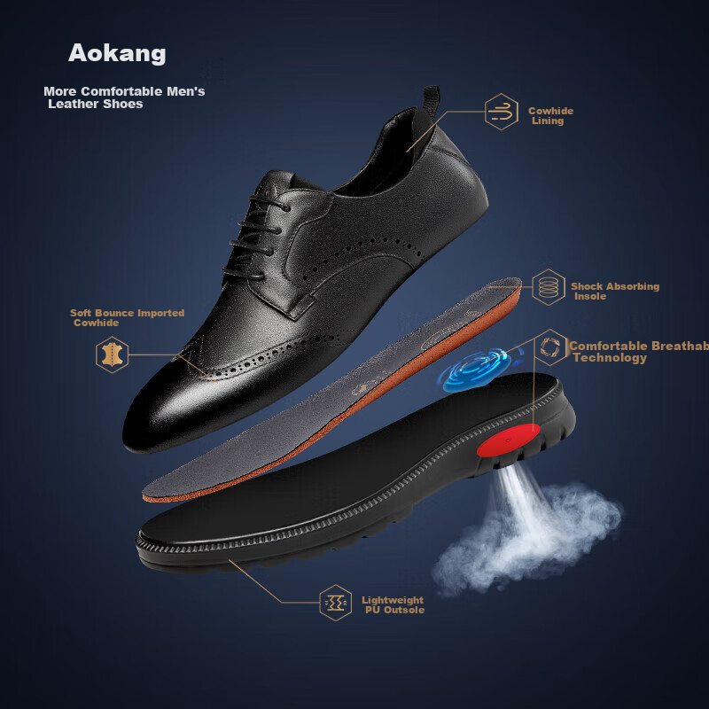 Aokang Brogue Leather Shoes for Men, British Style Formal Leather Shoes, Black, Size 39