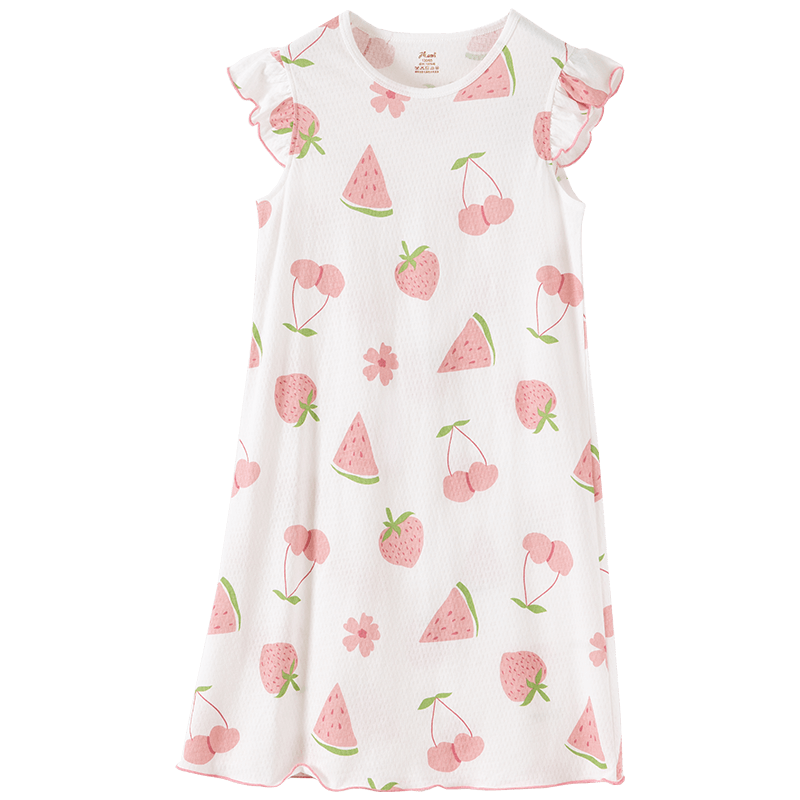 Dingguagua Children's Short-Sleeve Nightgown, Summer Pure Cotton, for Older Girls, Children's Pajamas, Home Wear, White, Size 1, 130 Cm