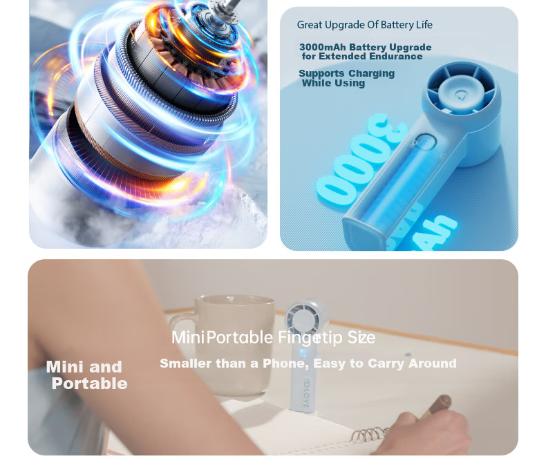 SOLOVE F03 Handheld Fan Portable Mini High-Speed USB Fan Semiconductor Cooling Turbine Air Concentrator Energy-Saving Electric Fan for Summer Outdoor Long Battery Life Blue 5