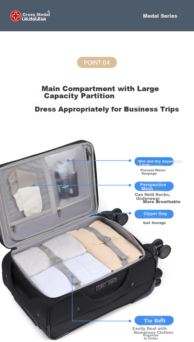 CROSSGEAR Cross Medal Business Suitcase for Men And Women, 20-Inch Small Carry-On Trolley Case with Front Opening, Oxford Fabric Luggage for Travel And Business Trips 8