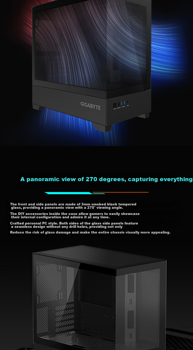 GIGABYTE Pukong C201G Panoramic Top And Bottom Compartment Case, Black Tempered Glass Side Panel, Compatible with Top And Side 360/240 Water Cooling Radiator, Quick-Release Dust Filter, Black M-ATX 2