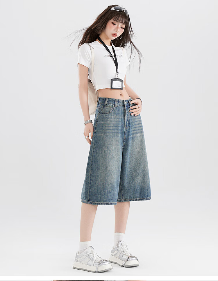 Free Style Vintage High Waist Denim Shorts Women 2026 Summer New Loose Slim Fit Petite Straight Wide Leg Cropped Pants 7