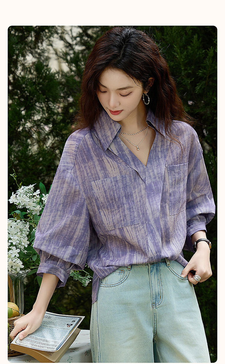 Dme [Art Student Outfit] Summer Artistic Gradient Lapel Shirt, Loose Comfortable Blouse, Women's Top 2