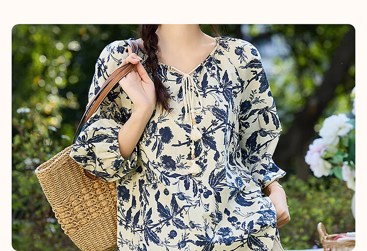 Dme [Yihua Yishijie] Summer Comfortable Pure Cotton Printed Shirt with Tie-Up Collar And Three-Quarter Sleeves Women's Blouse Top 3