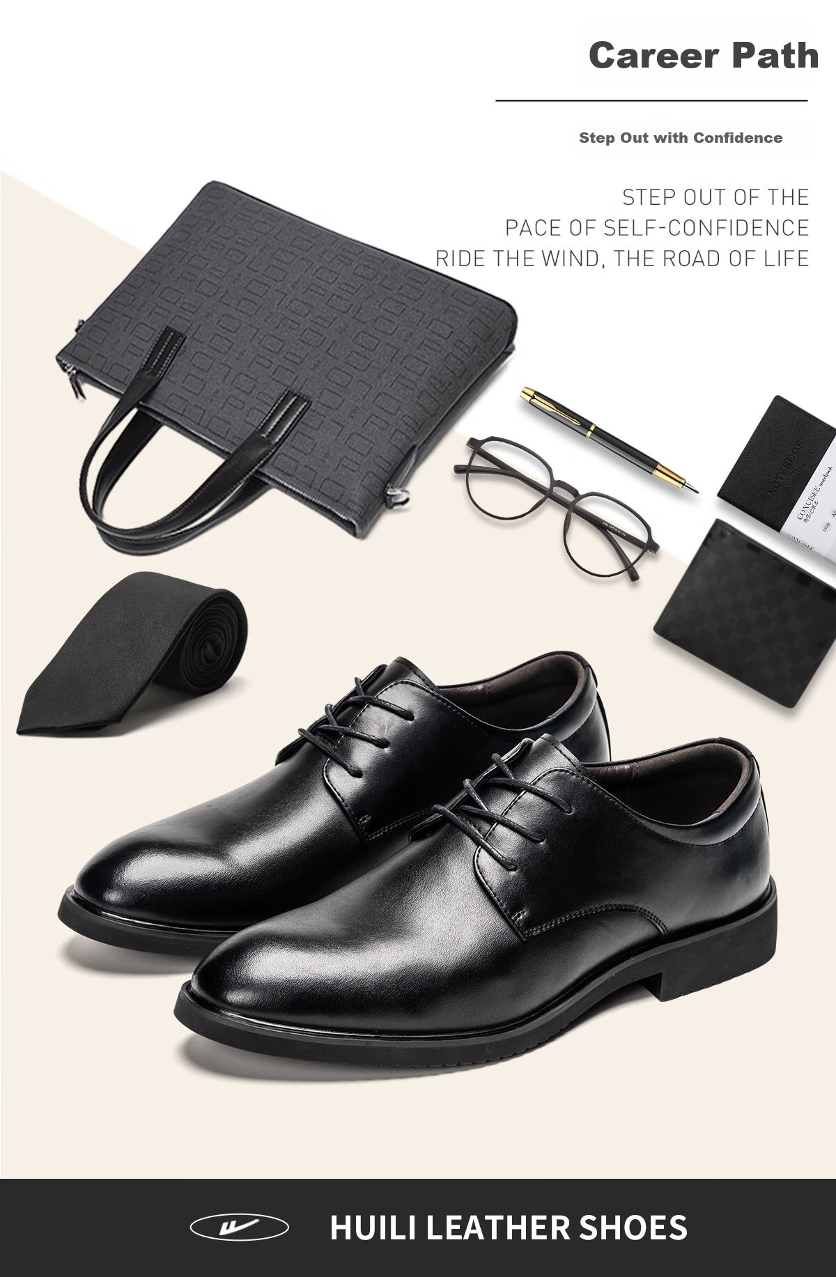 Huili Leather Shoes for Men, Business Casual Shoes, Fashionable Versatile Wedding Groom Formal Derby Shoes, Black (Height Increasing), Size 44 4