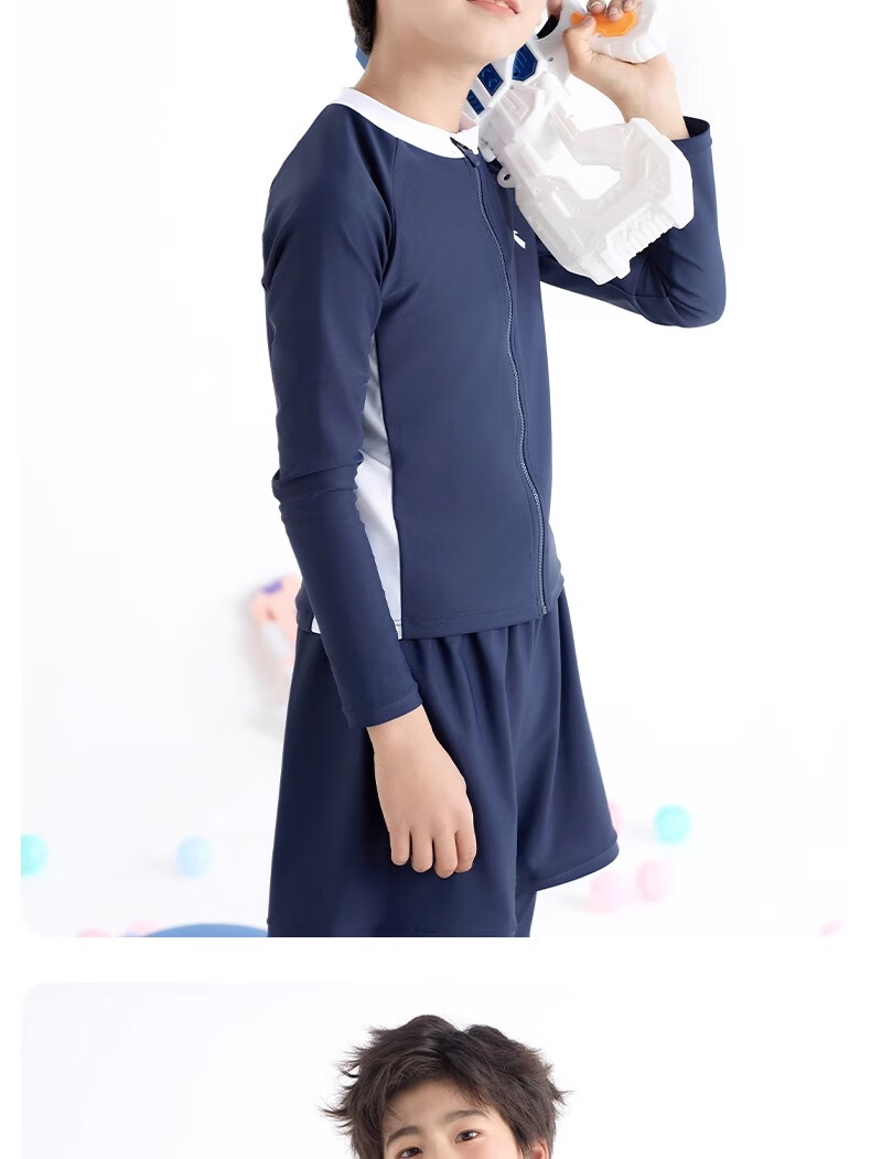 ANTA Children's Two-Piece Swimsuit, 2024 Summer New Style, Boys' Swimwear, Square-Leg Swim Trunks, Long-Sleeve Hot Spring Bathing Suit, Blue, Size 130 15