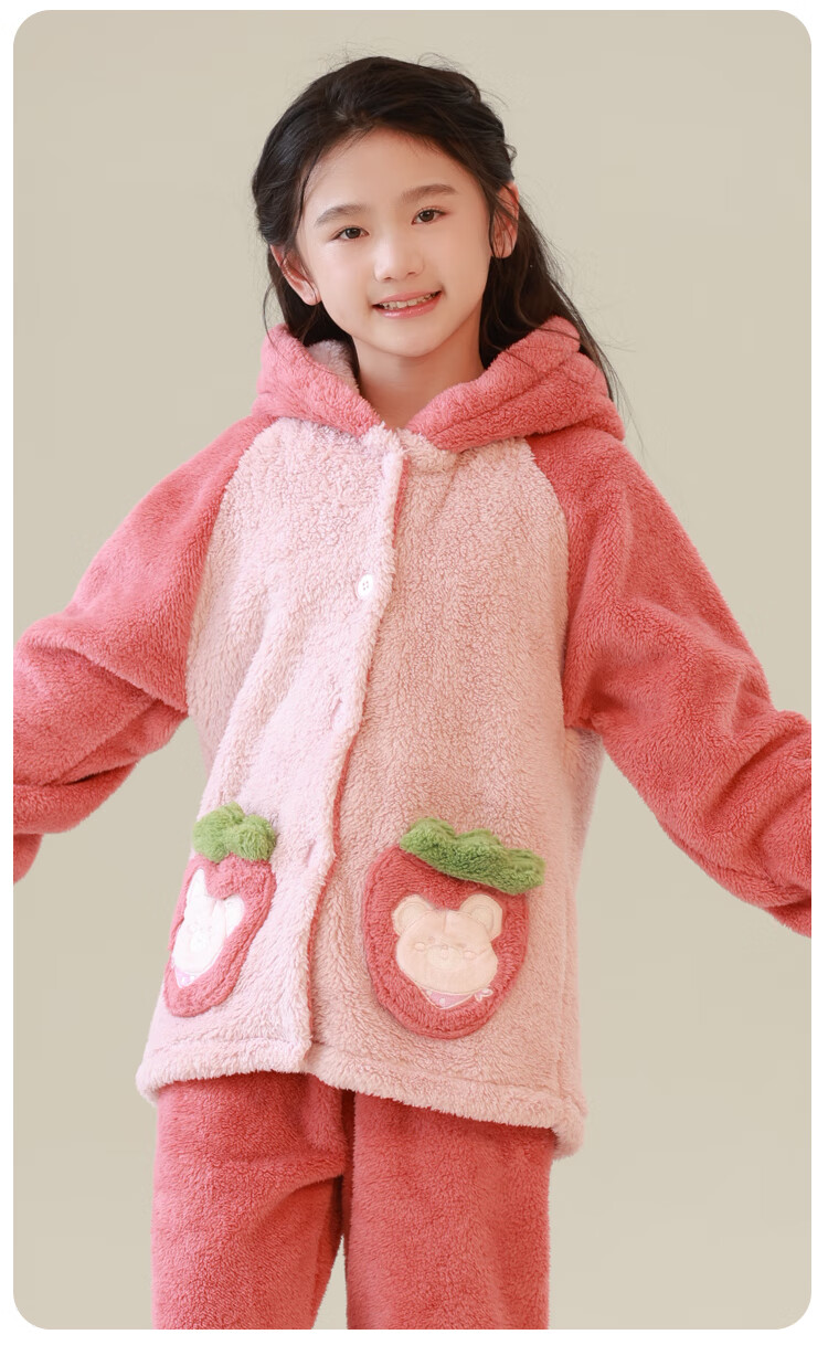 MiiOW Kids Girls Flannel Hooded Coral Fleece Pajama Set Thickened Autumn Winter 24 New Style 150cm 4