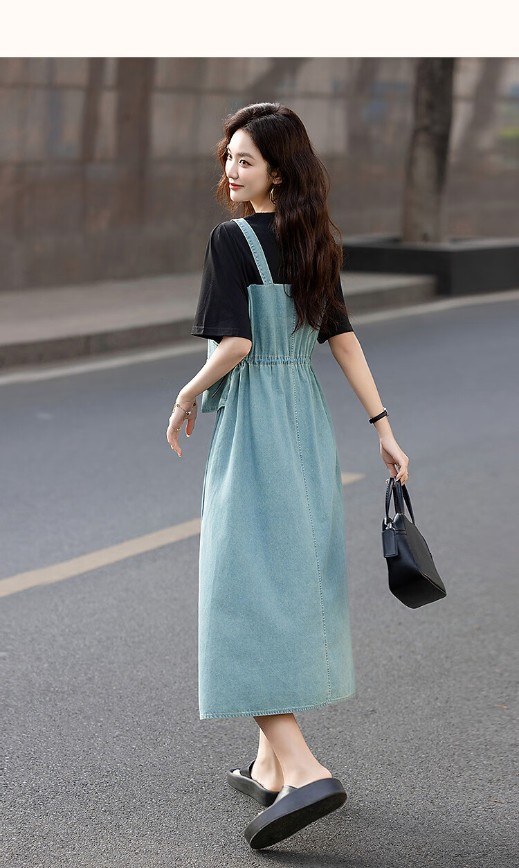 Demana Faux Two-Piece Layered Effect Summer Round Neck Cloud Cotton Denim Patchwork Mid-Length Women's Knit Dress 12