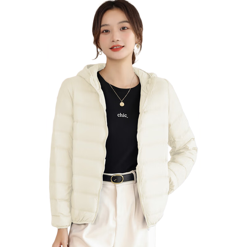 Jeanswest Women's Spring Autumn Hooded Lightweight Short White Duck Down Jacket Off-White 2XL