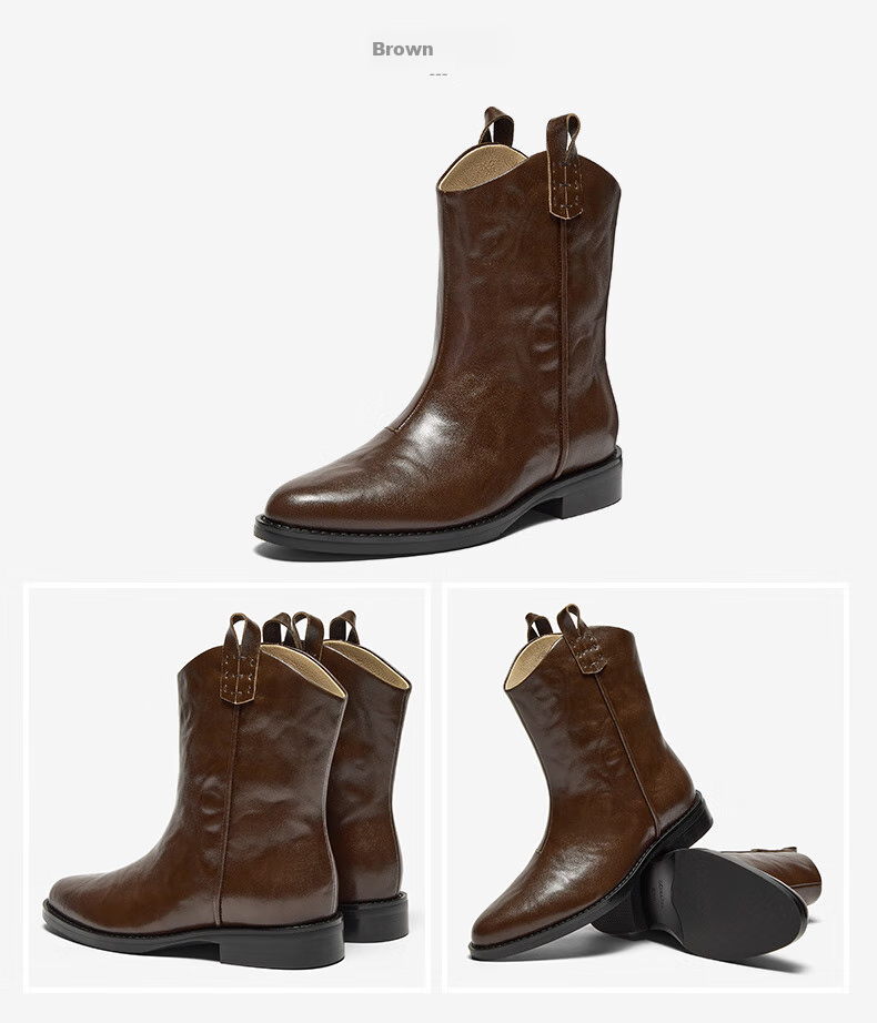 Bajia Dong Xuan Style Sheepskin Western Boots for Women Winter New Retro Mid-Calf Boots Black 38 9