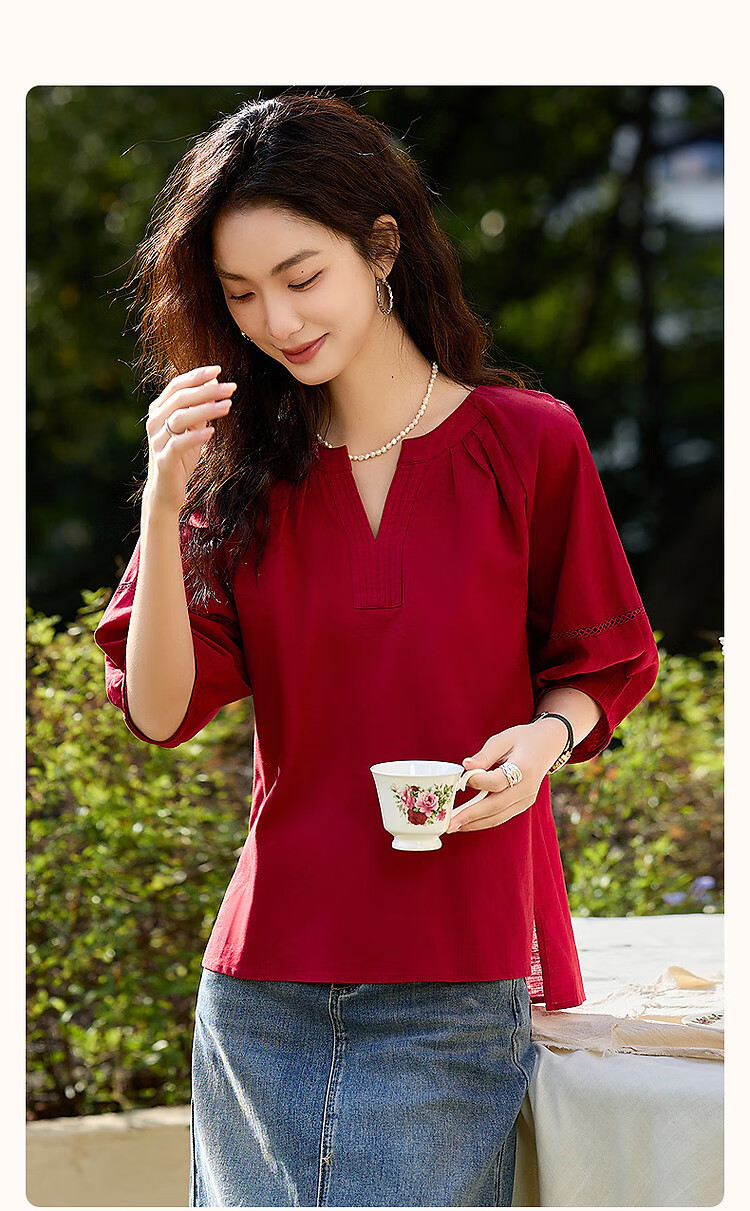 Demana Little Rose Summer V-Neck Cotton Linen Blend Shirt with Puff Sleeves and Side Slits Women's Top 2