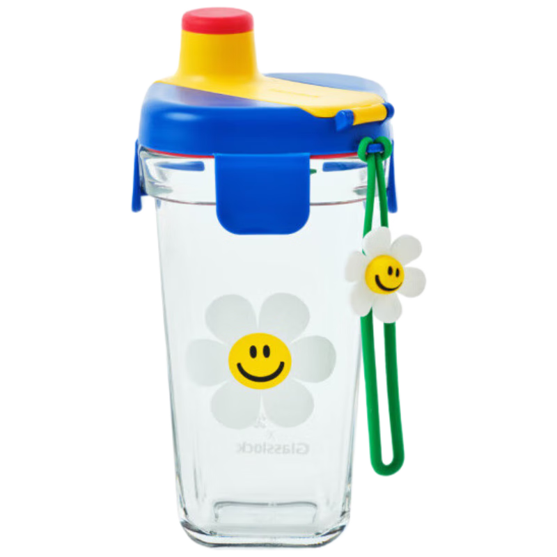GLASSLOCK & Wigglewiggle Co-Branded Cartoon Print Glass Water Bottle, Home Use Portable New Cup with Flowers Design, 380ml