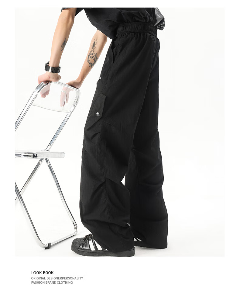 IZEXX Casual Pants for Men, Summer American-Style Curved Knife Loose Straight-Leg Trousers, Simple Casual Versatile Wide-Leg Pants, IZ72 Black L 3