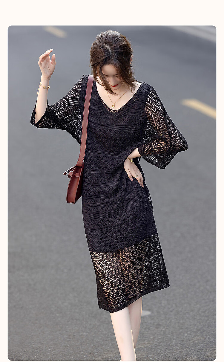 Dme [Black Spade Contract] Spring Elegant V-Neck Hollow-Out Mid-Sleeve Loose-Fitting Concealing Versatile Low-Key Women's Dress 1