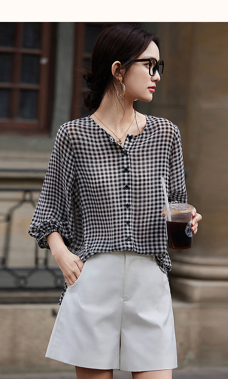 Dme [Japanese-Style Commuter] Spring Vintage Plaid Chiffon Printed Shirt with Short Front And Long Back, Elastic Sleeve Blouse for Women Top 7