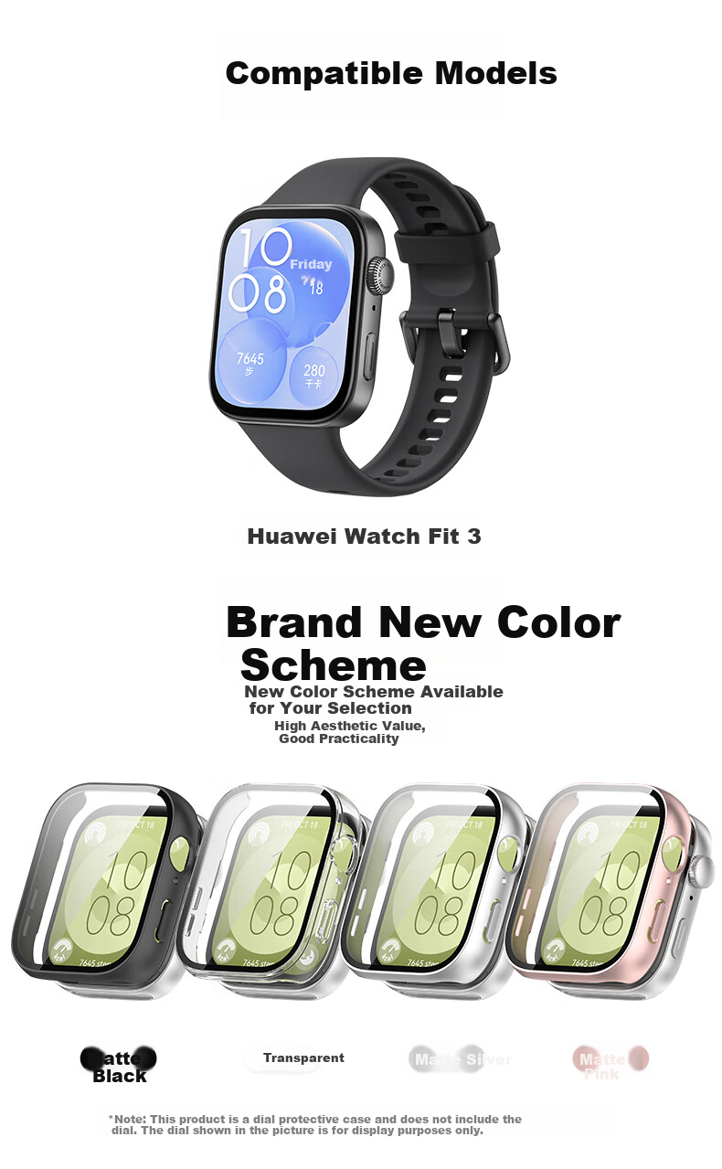 KMaxAI Protective Film And Case for Huawei Watch Fit3, All-In Full Coverage, Watch Face Screen Protector & Protective Cover, Anti-Fingerprint Hard Shell + Tempered Glass Film, Matte Silver 2