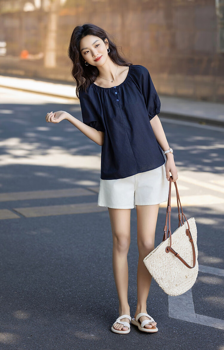 Dme [Elastic One-Shoulder Round Neck Two-Way Wear] Summer Lightweight Linen Cotton Blend Blouse Elegant Shirt Women's Top 11