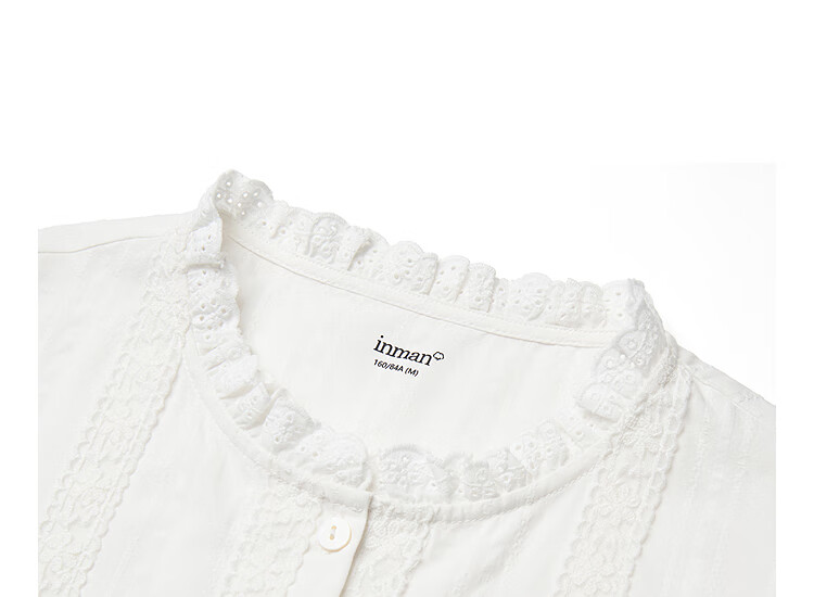 Inman Lotus Leaf Collar Hollow Embroidered Pure Cotton Shirt 2025 Summer Women's Vacation Style Puff Sleeve Blouse Pearl White M 30