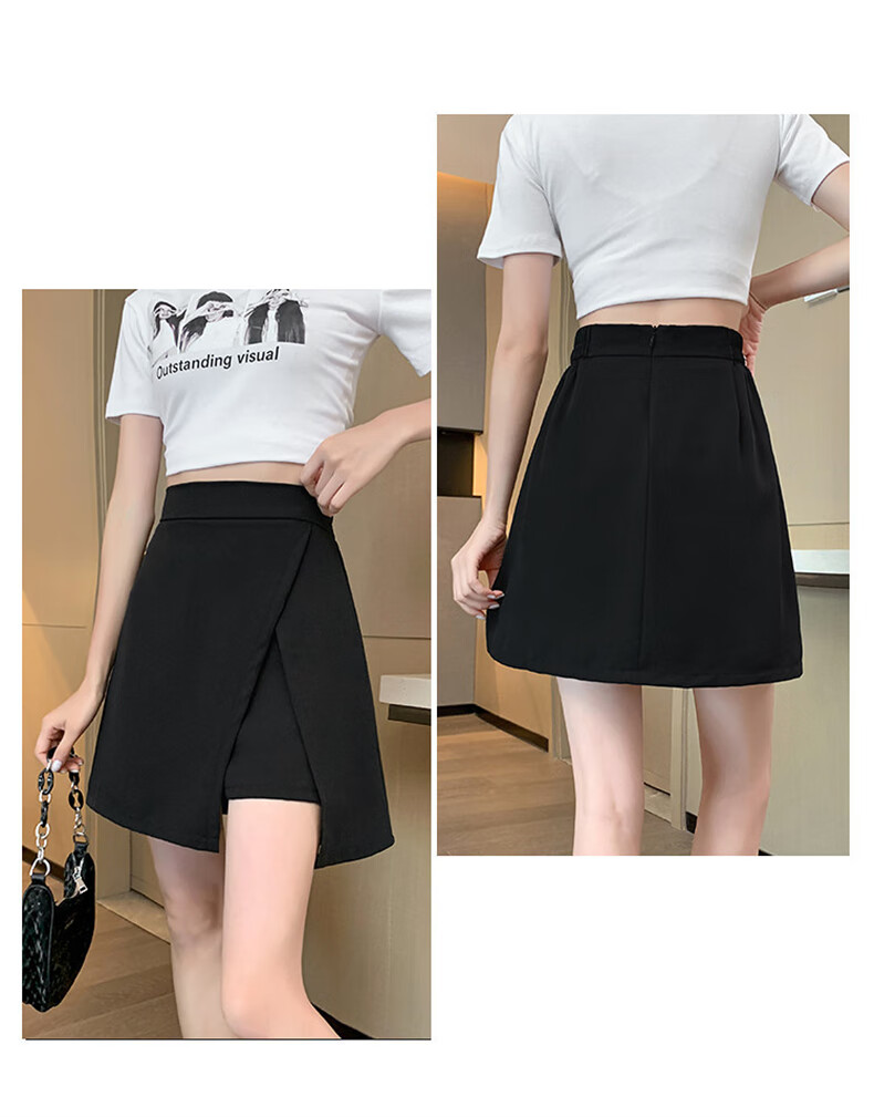 Langsha Women's High-Waist Asymmetric Slit Design Slim Fit A-Line Anti-Exposure Short Skirt Pants 14