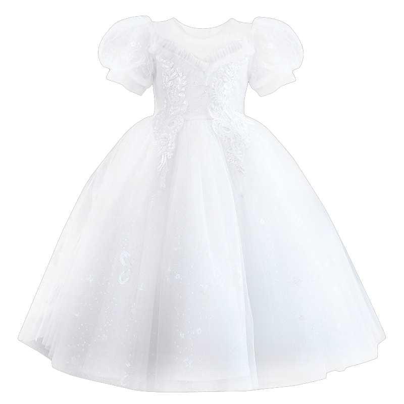 LUOBOBEIBEI Girls' Princess Dress, Summer 2025 Performance Costume, Children's White Dress, Tulle Puffy Skirt, White, Size 130
