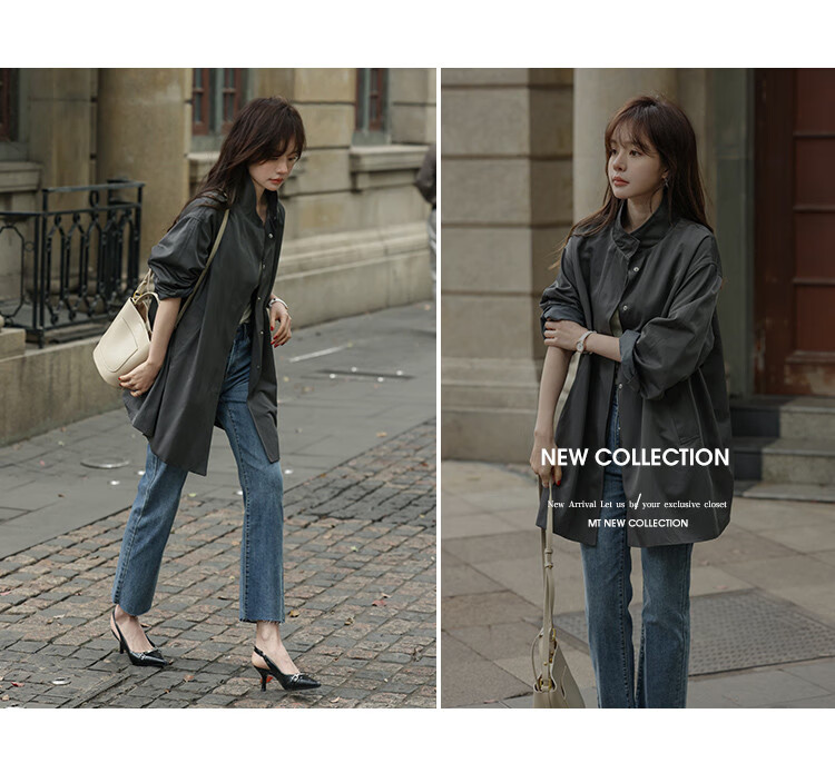 MT Grey British Style Autumn Stand Collar Wide Edge Pocket Design Loose Mid-Length Trench Coat 8