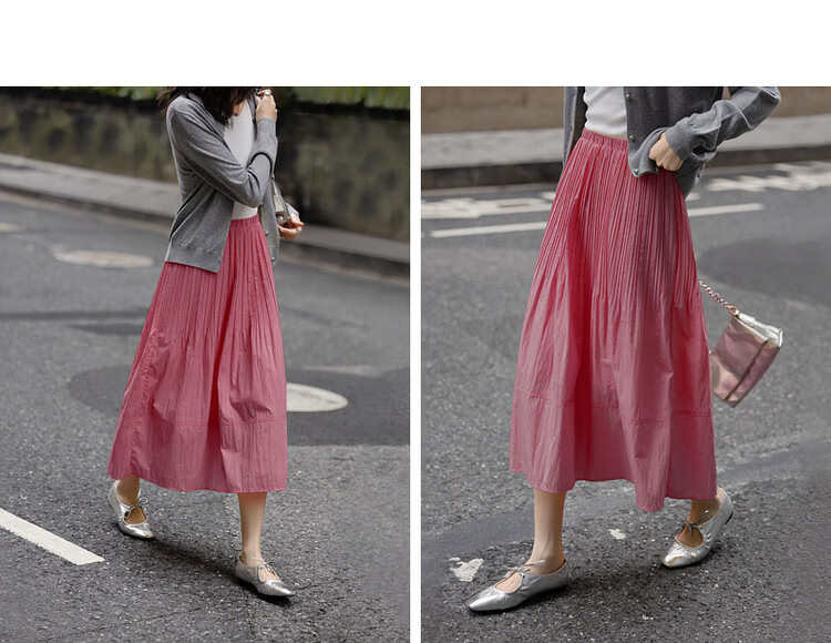 Dme [Lingdong Muxi] Spring French Cloud-Feel Cotton Elastic Waist Pleated A-Line Breathable Midi Skirt for Wome 8
